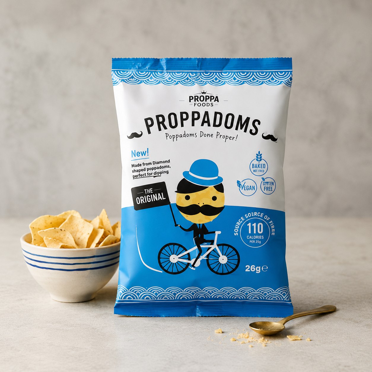 Proppa Foods Original Proppadoms packet with the brand mascot